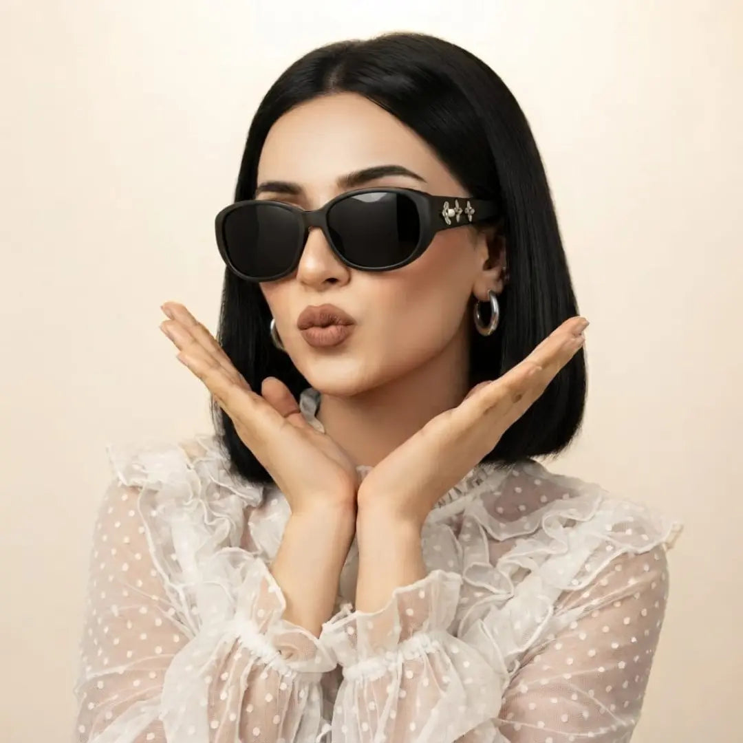 Black, oval-shaped sunglasses